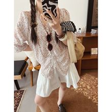 【特】红调碎花法式V字木耳边打揽工艺女式夏季长袖雪纺衬衫