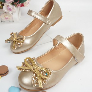2025 New Girls Princess Shoes Golden Women's Spring and Autumn All-match Soft Sole Children's Little Girl Shoes Bow Accessories