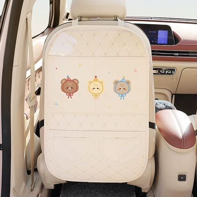 Car Seat Anti-Kick Pad Rear Car Seat Back Storage Bag Cartoon Cute Car Multi-Functional Anti-Dirty and Anti-Wear Pad (Chair back anti-kick pad) - beige-hat-bear-anti-kick-storage