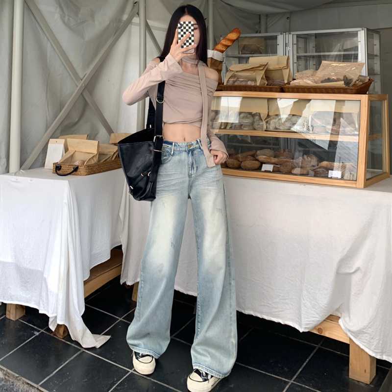 レディース ヴィンテージ風 ハイウエスト ワイドレッグジーンズ ゆったり 着痩せ効果 ストレートパンツ マキシ丈パンツ|undefined