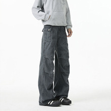 复古水洗做旧工装裤男女春季宽松褶皱直筒休闲裤高街微喇裤