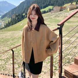 美拉德撞色翻领短外套女2026秋季新款复古时髦减龄小个子休闲夹克