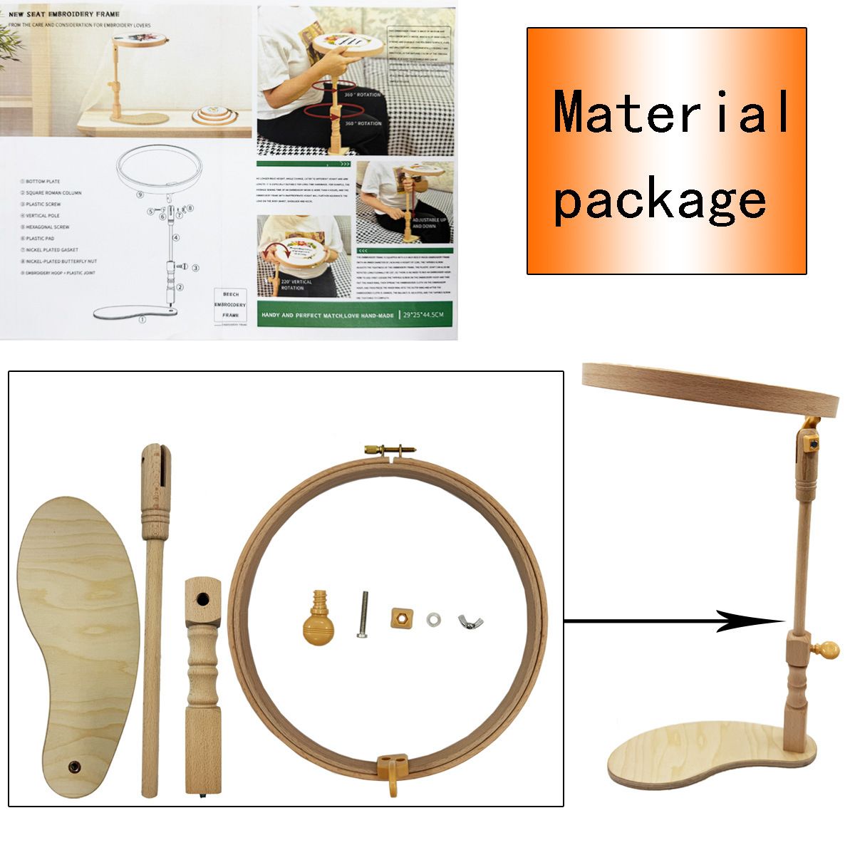 Soporte de bordado multifuncional de madera, tipo sentado, soporte integrado para bordado y punto de cruz, soporte de herramientas con altura ajustable