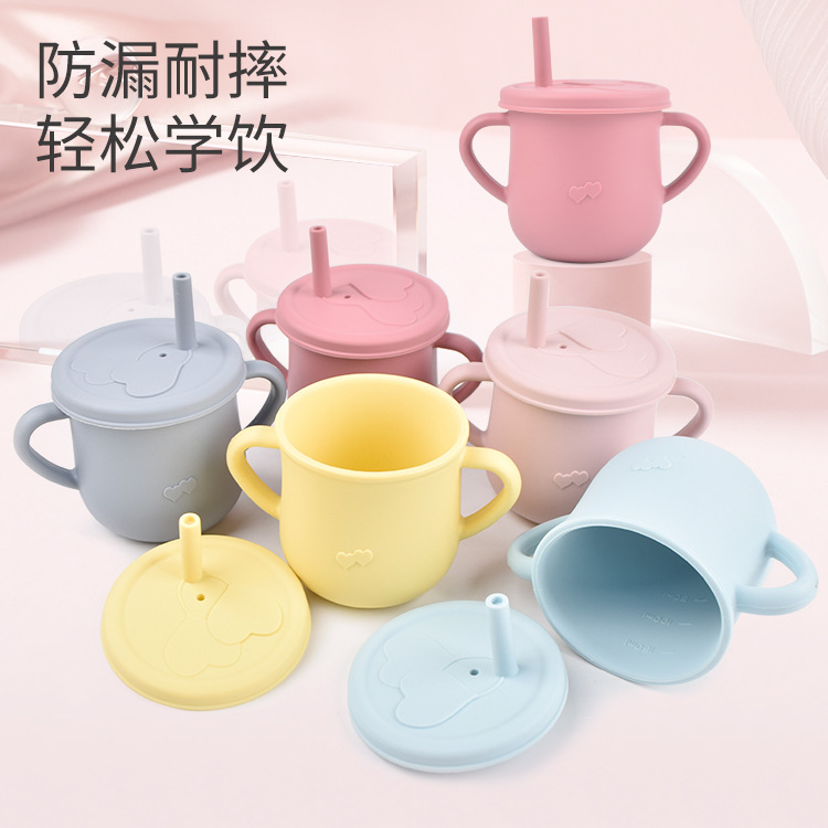 Taza de agua de paja de silicona para niños de grado alimenticio taza de agua resistente a caídas bebé taza de agua de silicona binaural taza de silicona para beber