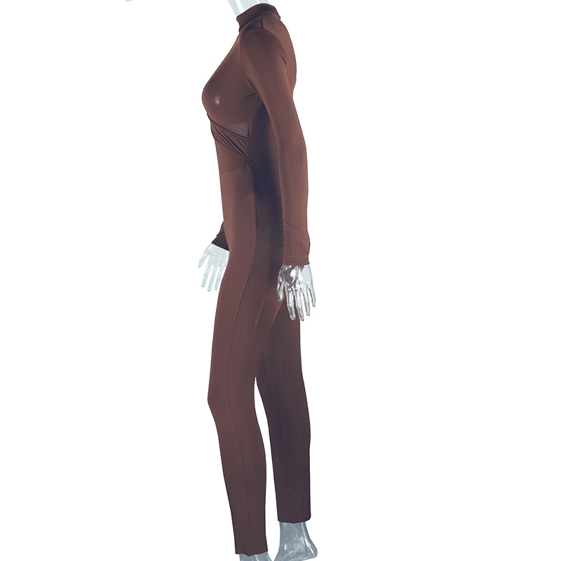 Elegant Women Wear Tight Fitting Solid Color Micro Elastic Jumpsuit Long Sleeved Trousers Hollow Out Cutout Mid Waist Thin Jumpsuit