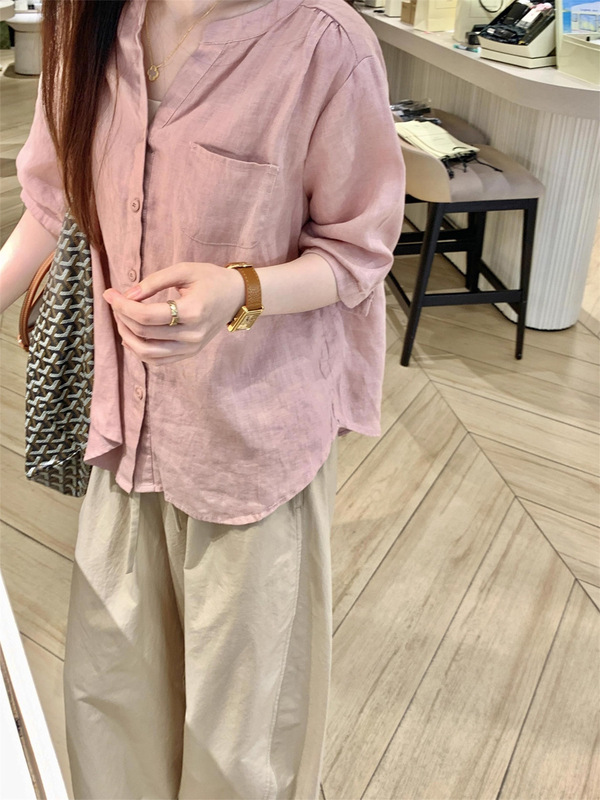粉色棉麻短袖衬衫女夏季2025新款轻薄款衬衣巨好看的苎麻小衫上衣|undefined