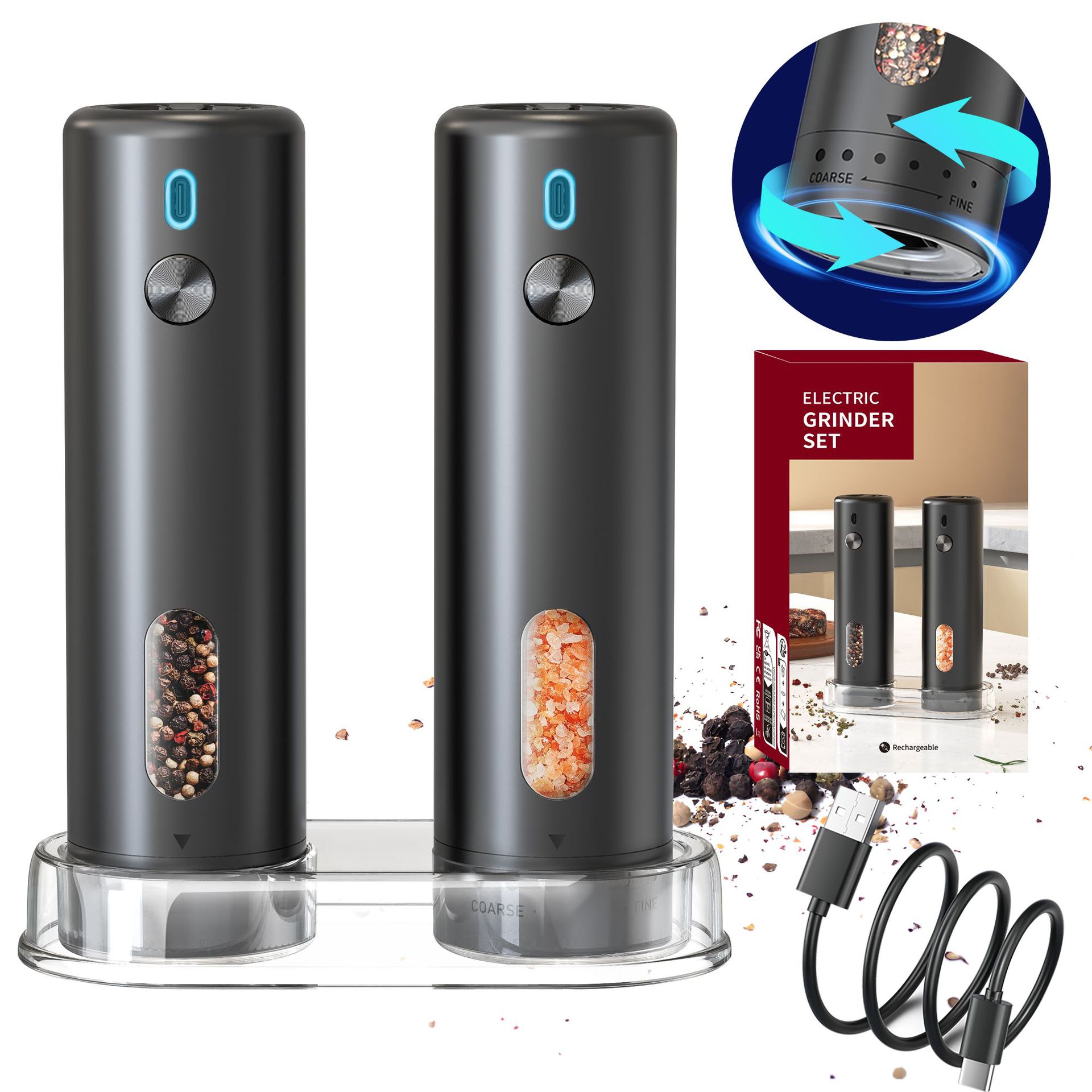 Molinillo Eléctrico Portátil para Condimentos Juego de 2 Piezas de ABS, Grosor ajustable, para Cocina