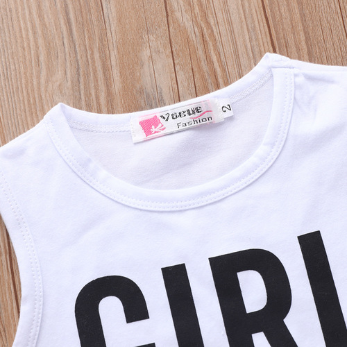 Girls' Suit European and American Style New Arrivals Vest Letter Printed Top Denim Ripped Shorts Two-piece Set Drop Shipping