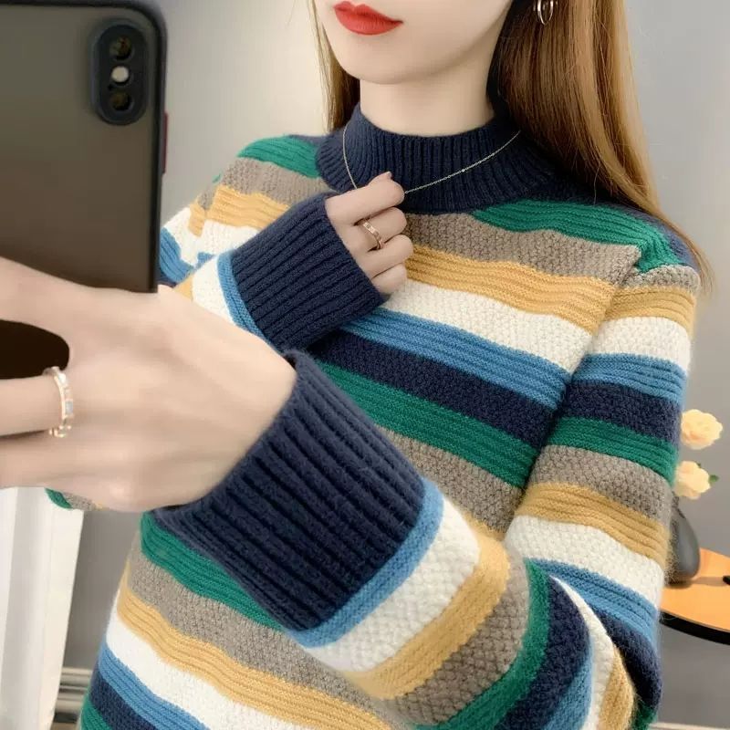 【 Famiglia Cashmere 】 Maglione da donna a righe larghe e spesse in maglia di lana corta con collo alto, strato interno_voghion.com