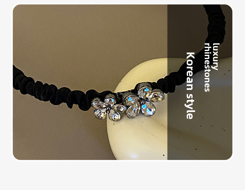 Black Satin Flower Crystal Headband With Rhinestone Side Clip_voghion.com