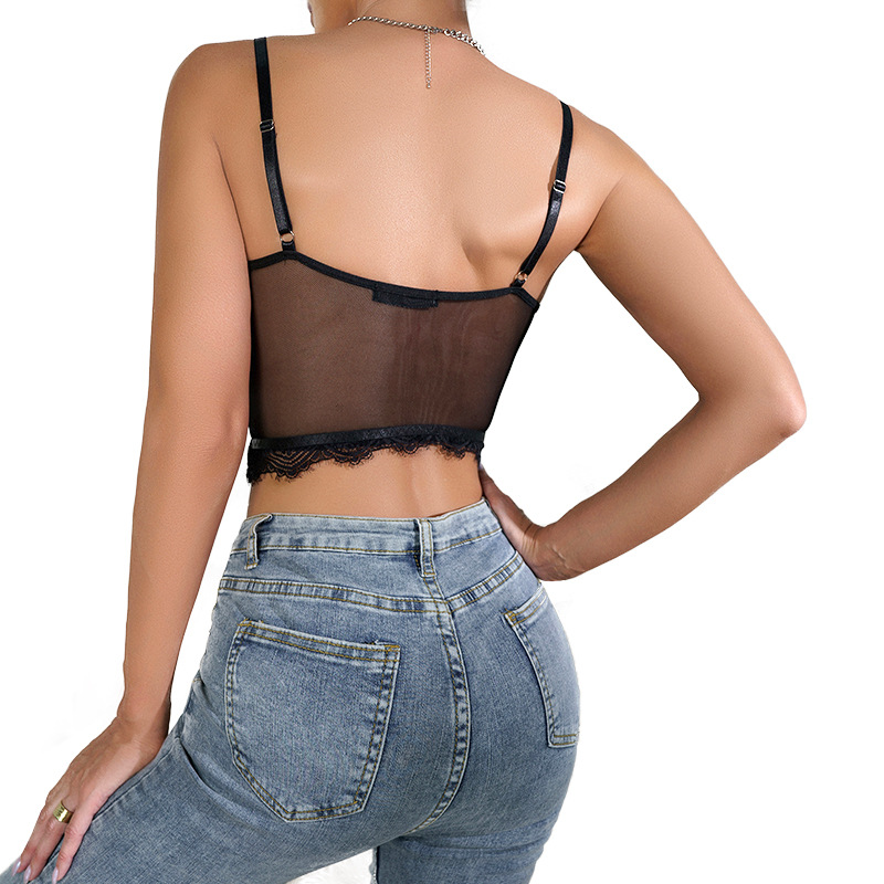 Top de malla sin aros para mujer, estilo sexy, top corto con diseño de diamantes que realza la cintura, camisola de encaje para comercio exterior, top sin espalda. image 7