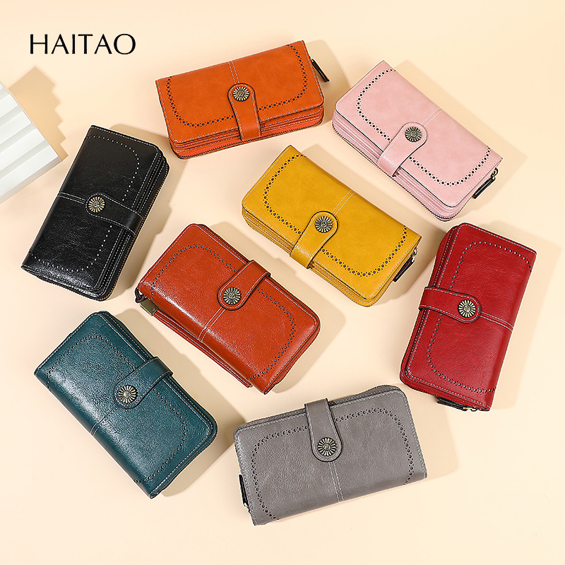 2025 bolso transfronterizo de cuero de aceite con cremallera larga para teléfono móvil comercio exterior nuevo monedero hueco moda femenina triple mano