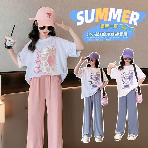 Girls' Short-sleeved T-shirt suit Summer 2024 New Style Girls' Clothing Children's Summer Girls' Clothing for Big Children