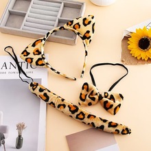 圣诞节跨境卡通豹纹发箍三件套套装毛绒猫耳朵可爱装扮元旦演出