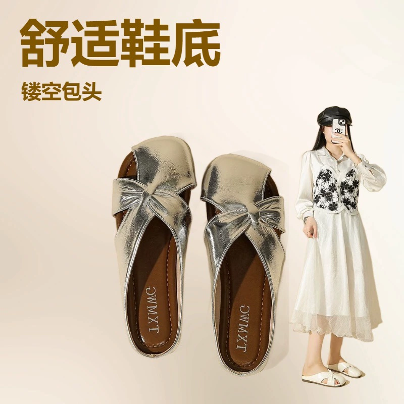 Женские летние шлепанцы с бантом на носке 2025 года, новые универсальные французские балетки на плоской подошве из мягкой кожи, легкие сандалии
