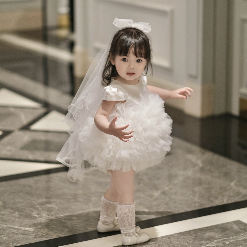 White Girl's First Birthday Dress, Flower Girl's Wedding Dress, Baby Girl's Princess Dress, Short-Sleeved Dress, Tutu Skirt White Girl's First Birthday Dress, Flower Girl's Wedding Dress, Baby Girl's Princess Dress, Short-Sleeved Dress, Tutu Skirt
