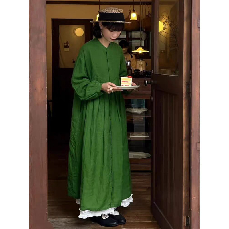 Linen Green Long-Sleeved Dress for Women Early Autumn New Style Artistic Temperament Loose Robe Skirt Meditation