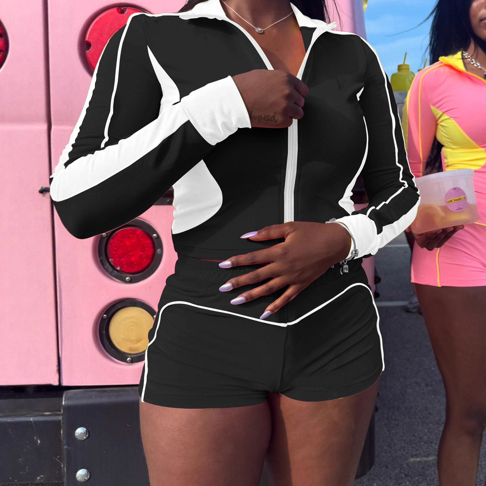 European And American Style Women's Long Sleeve Shorts Set Color Blocking Patchwork Striped Sportswear Elastic Summer Clothing_ecoleips.com