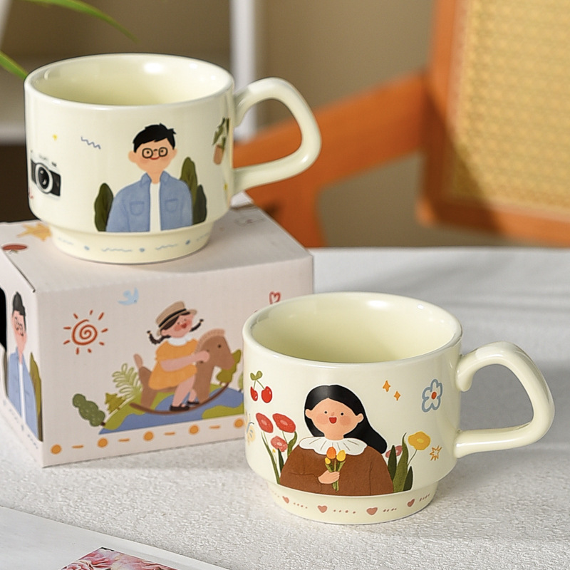 300ml 叠叠杯陶瓷马克杯喝水家用亲子杯一家四口杯子套装组合可爱|undefined