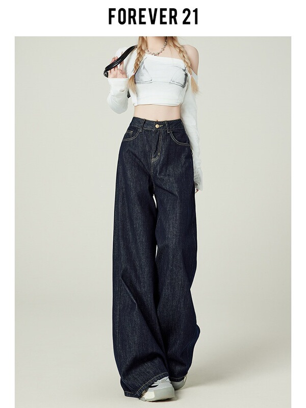Forever 21 Vintage Denim Blue Wide-Leg Jeans for Women, American Style High-Waisted Loose Fit Pear-Shaped Floor-Length Pants