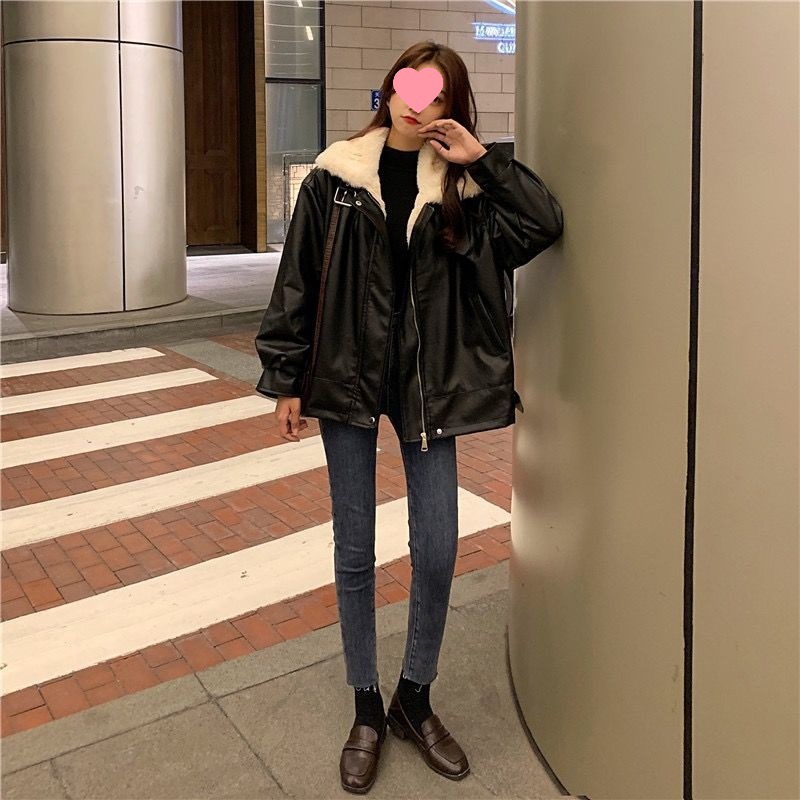 Women's Leather Jacket with Velvet and Thickened Autumn and Winter New Fur Integrated Korean Style Loose Casual Motorcycle Jacket for Students