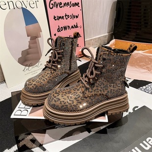 Martin Boots Women's Rhinestone Full Diamond Leopard Print Lace-up Tooling Motorcycle Boots Short Boots Flat Shoes All-match Street Rider Boots