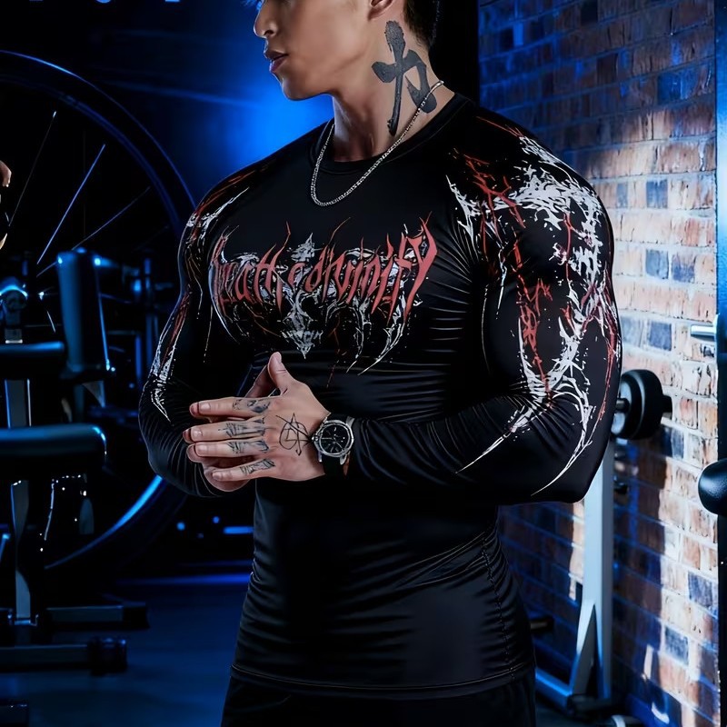 Men's Dark Style Skull And Thorn Print Long Sleeve T-Shirt Tight Fitting Quick Drying Fitness Sportswear American High Street_viptrois.com