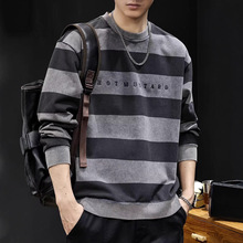 超大码春秋季新款卫衣美式复古男士条纹宽松青年长袖潮流上衣男装