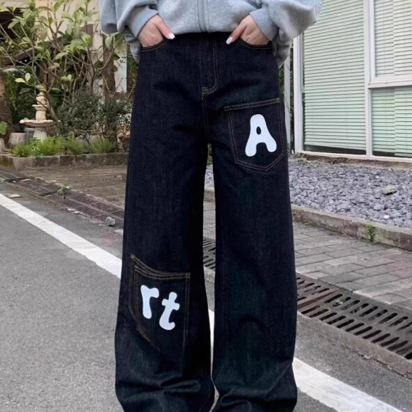 American Retro Washed High Street Letter Print Jeans New Niche Versatile Scimitar Design Straight Jeans