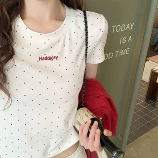 纯棉韩系白色波点圆领正肩短袖t恤女新款夏季修身短款百搭上衣