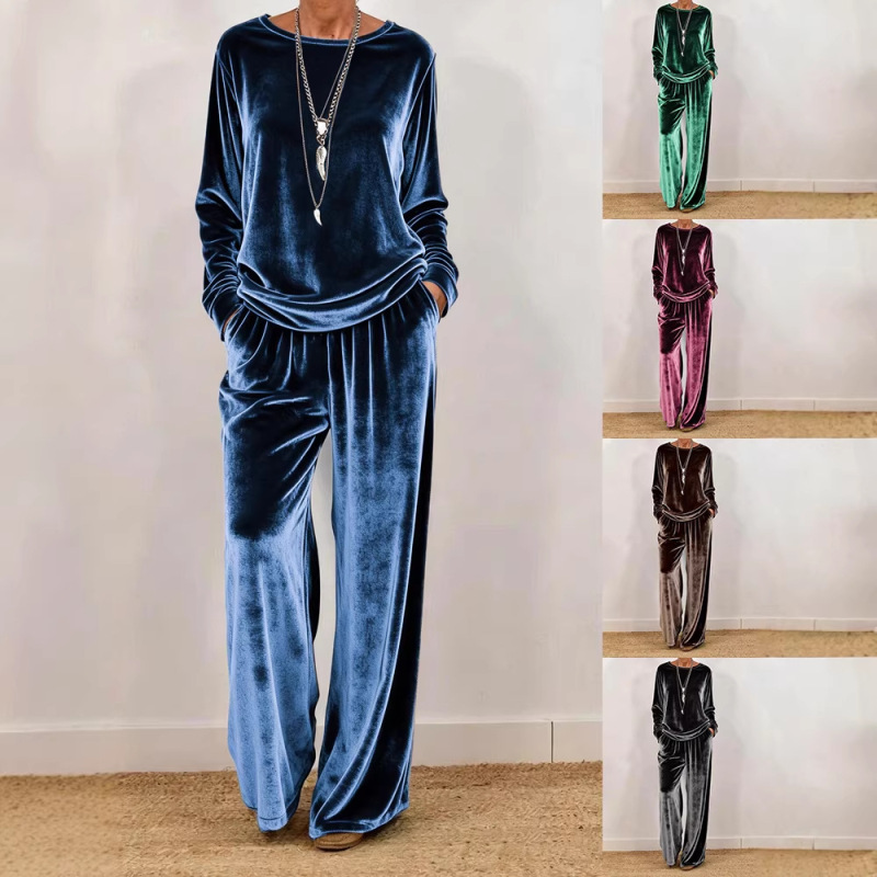 2025 New Foreign Trade Cross-Border Women's Clothing Casual Round Neck Pullover Long Sleeve Plus-Length Pants Velvet Multi-Color Women's Suit