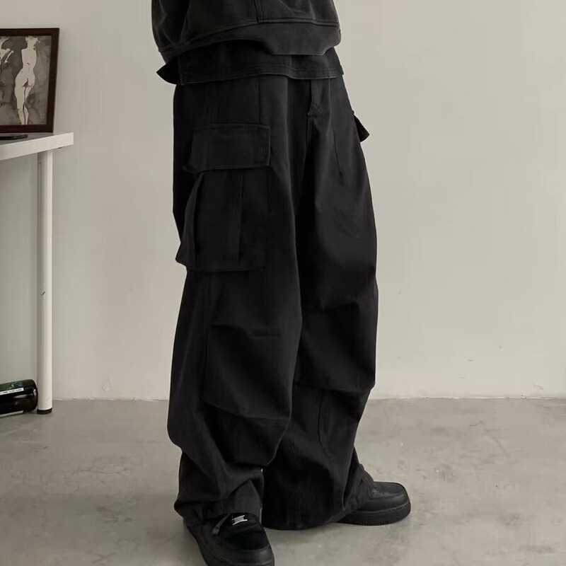 American retro spring and summer functional style loose wide-leg casual pants large pocket overalls men's drop-down mop pants