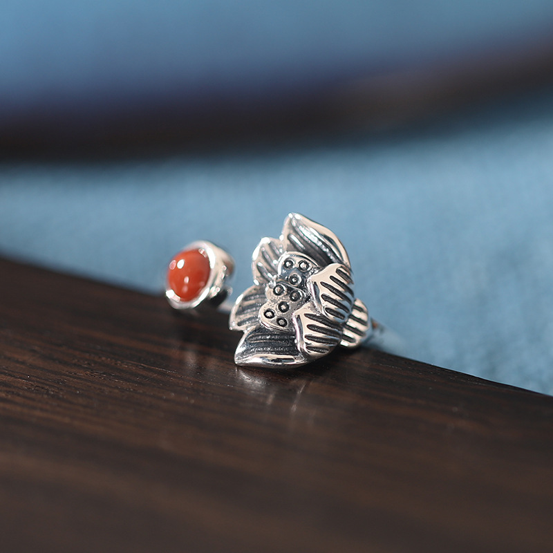 Bague En Agate Rouge Lotus Bijoux En Argent Sterling 925 Nouvelle Bague Rétro display picture 3