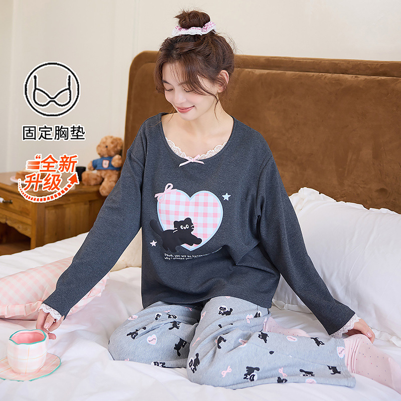全棉睡衣女带胸垫春秋季长袖卡通可爱风两件套装纯棉韩版家居服冬|undefined