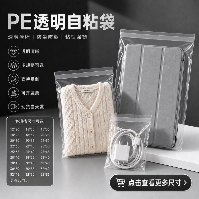 Thickened plastic transparent self-adhesive bag with PE tape, clothing packaging bag, shoe and sock stationery storage bag, custom pattern and logo Thickened plastic transparent self-adhesive bag with PE tape, clothing packaging bag, shoe and sock stationery storage bag, custom pattern and logo