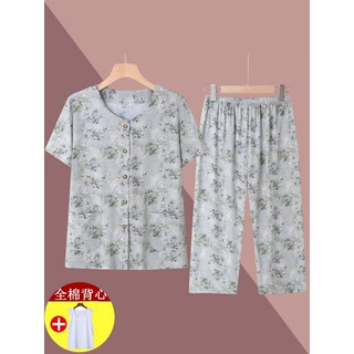 老太太夏装短袖棉绸套装奶奶棉居家服两件套老年人开衫女装睡衣