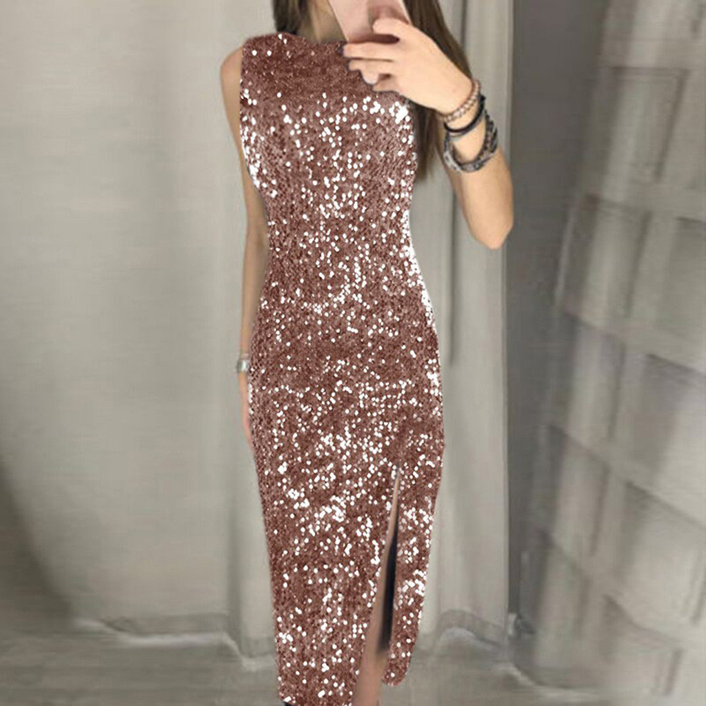 Sleeveless Crew Neck All Over Sequin Midi Dress, Velvet Base High Side Split Asymmetrical Hem Bodycon Cocktail Party Dress 4 Colors_ecoleips.com