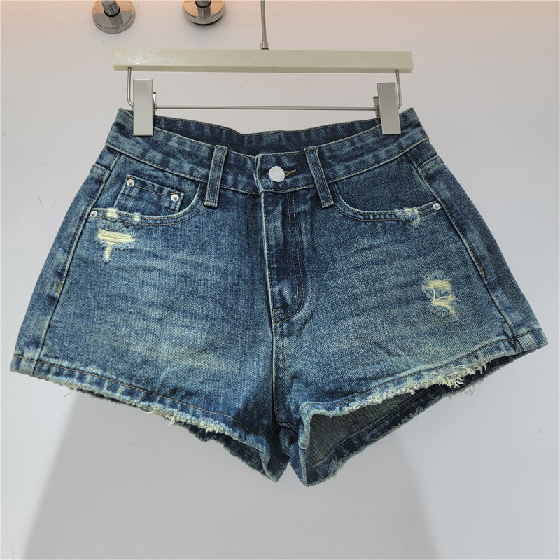 Pantalones Cortos de Mezclilla con Rotos para Mujer con Hebilla Metálica