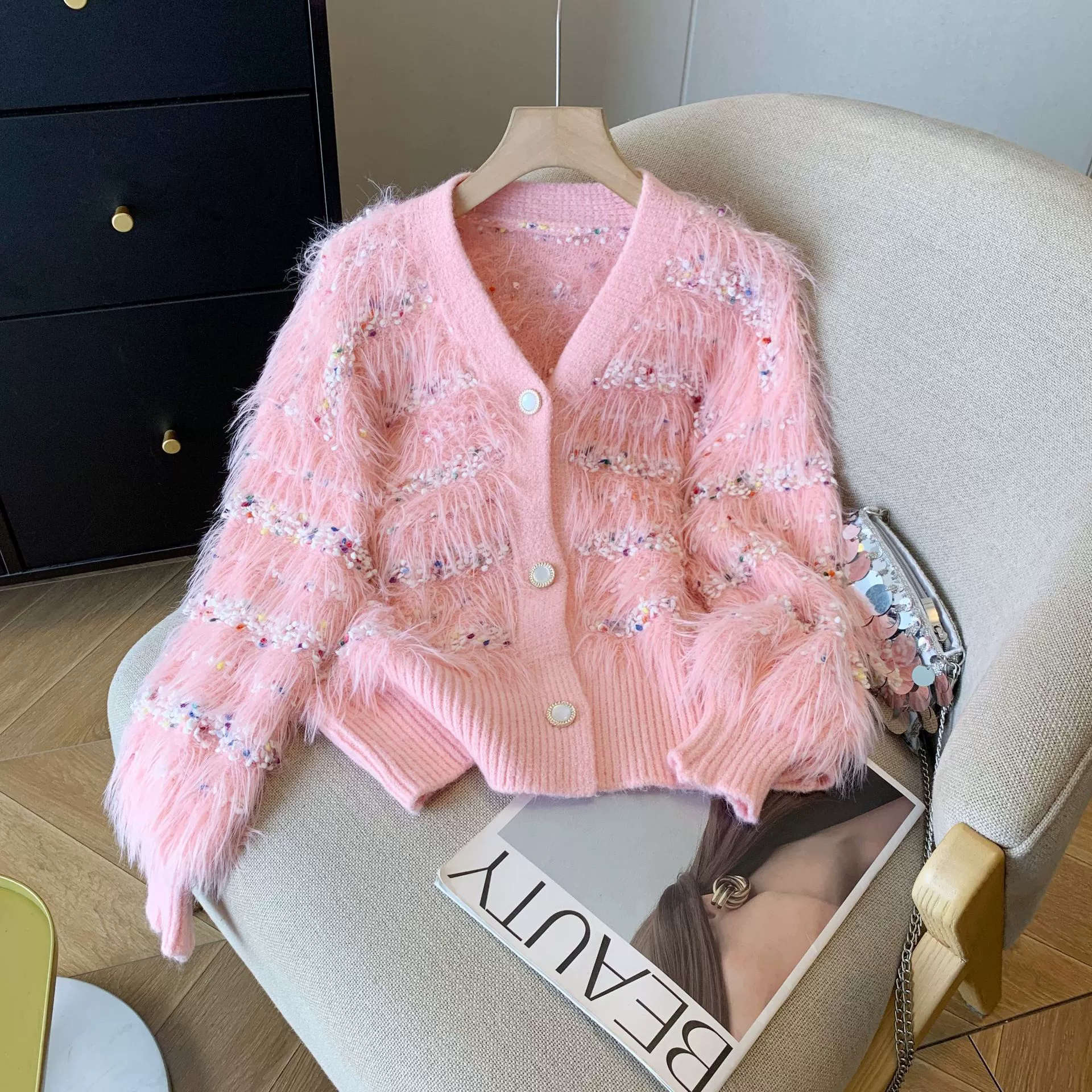 Бархатный вязаный свитер, Oversize с V-образным вырезом кардиган, искусственный мех, один размер