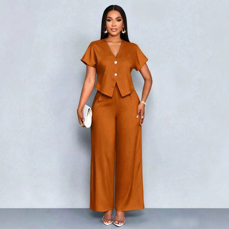 European and American Cross-Border 2026 Summer Short-Sleeve V-Neck Irregular Cardigan Straight Wide-Leg Pants Plus-Size Casual Two-Piece Set European and American Cross-Border 2026 Summer Short-Sleeve V-Neck Irregular Cardigan Straight Wide-Leg Pants Plus-Size Casual Two-Piece Set
