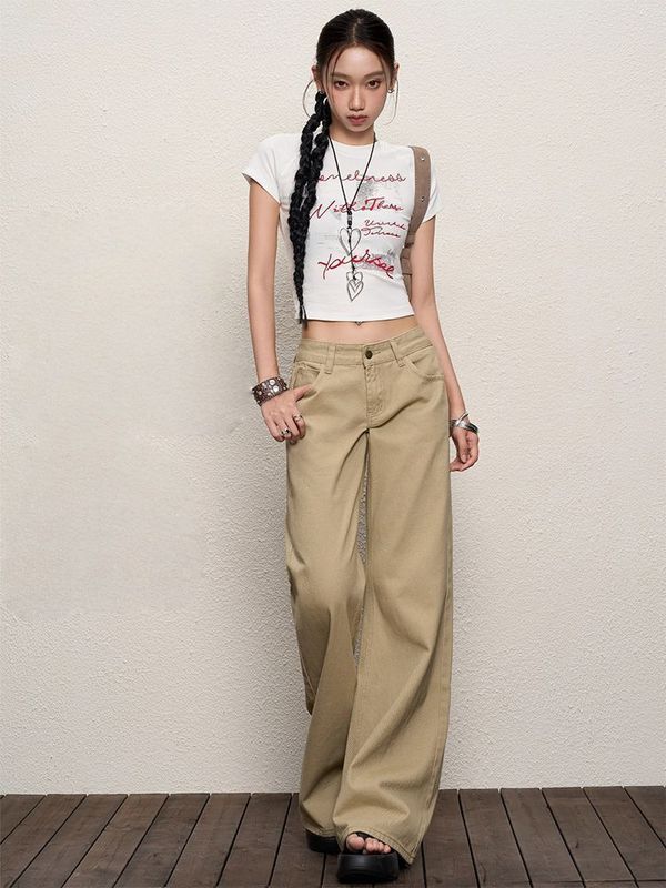 卡其色微喇牛仔裤女2025新款春夏美式垂感百搭不贴腿低腰喇叭裤子|undefined