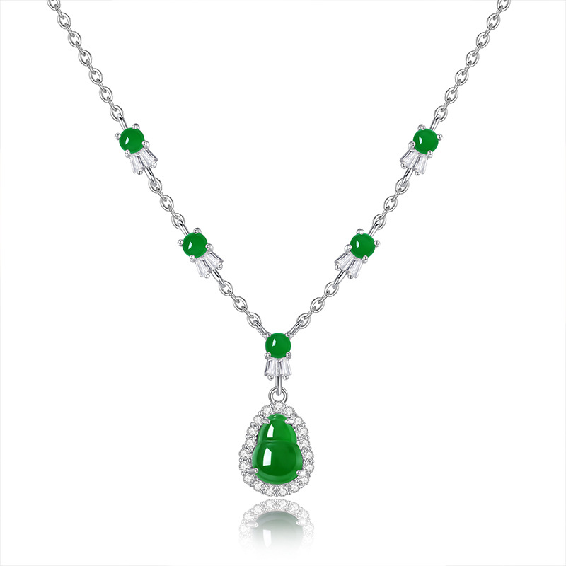 Material peligroso de jade natural S925 con incrustaciones de plata nuevo estilo chino Fulu calabaza Gao Bingyang verde collar de temperamento de marea nacional