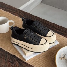 真皮韩版厚底板鞋女2025新款学生复古圆头系带百搭休闲运动松糕鞋