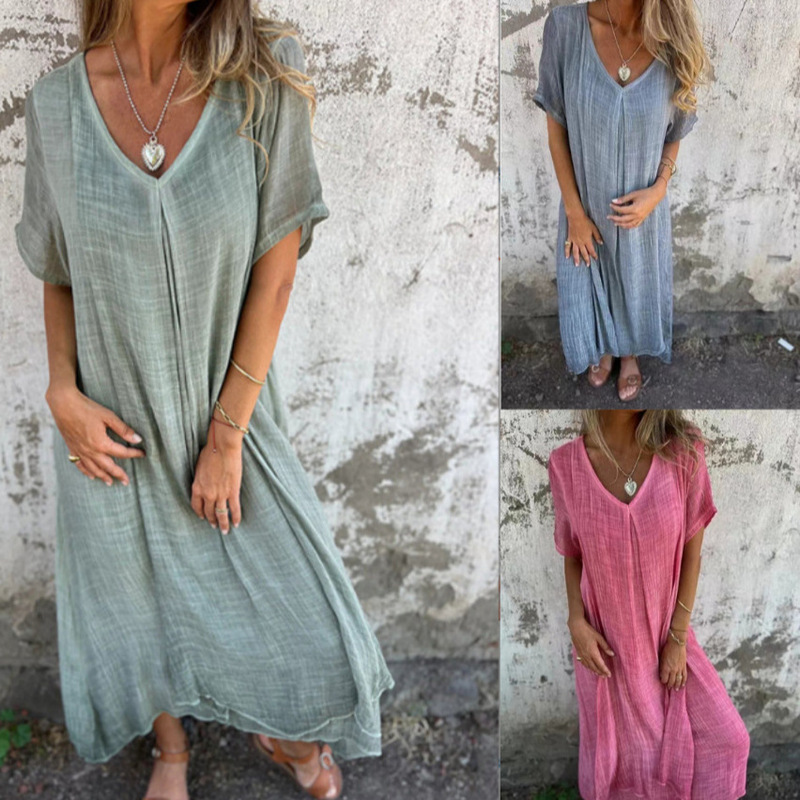 2024 new women's Amazon independent station European and American cross-border fashion cotton and linen V-neck semi-formal dress