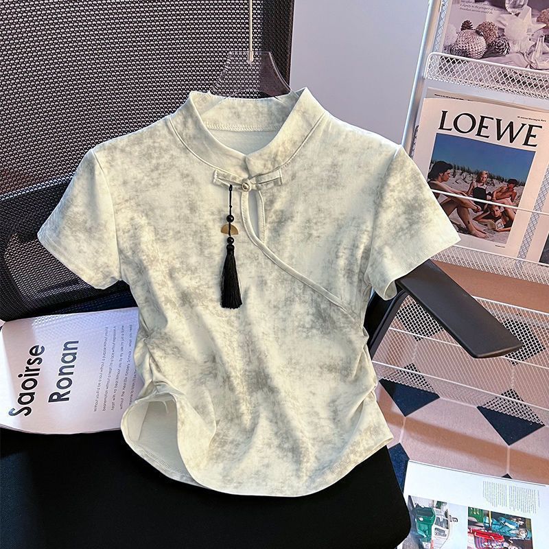 Nueva camiseta de manga corta delgada irregular con hebilla de disco de estilo nacional de estilo chino para mujer verano nuevo estilo corto ropa de todo fósforo