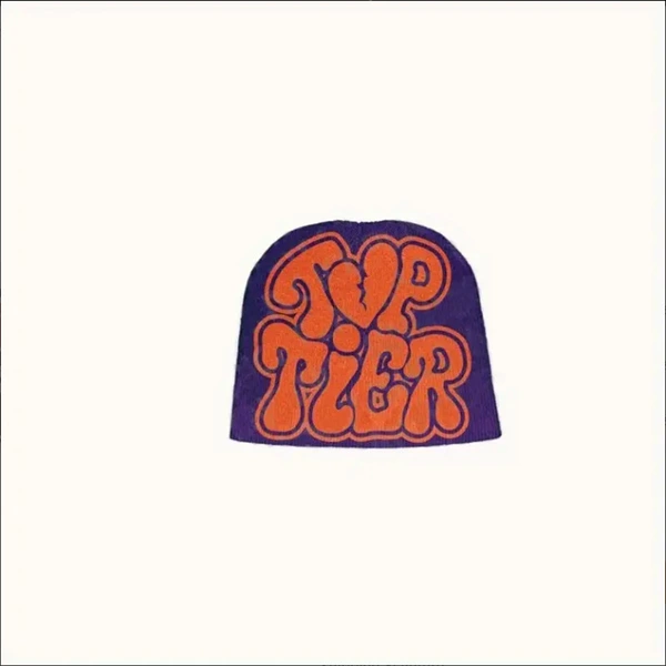 Jacquard letters TOPTIER knitted hat - purple and orange letters