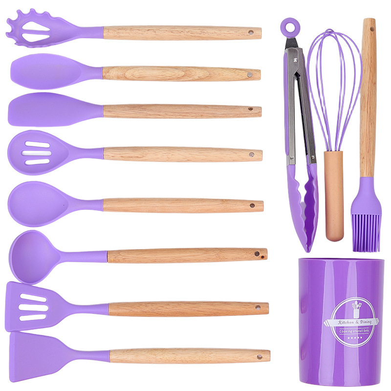 Cocina de cocina transfronteriza de silicona con mango de madera 12 piezas para cocinar cocina antiadherente olla de silicona cuchara colador pala nuevo