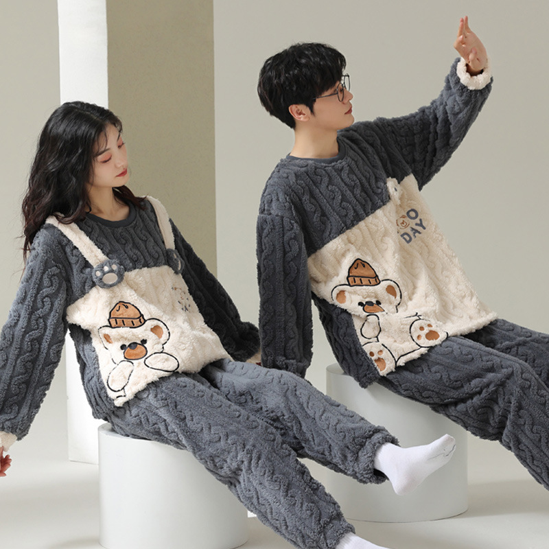 [100% fibra de poliéster] pijamas pareja de coral de lana desgaste en el hogar de dos piezas de franela engrosada cálida primavera y otoño