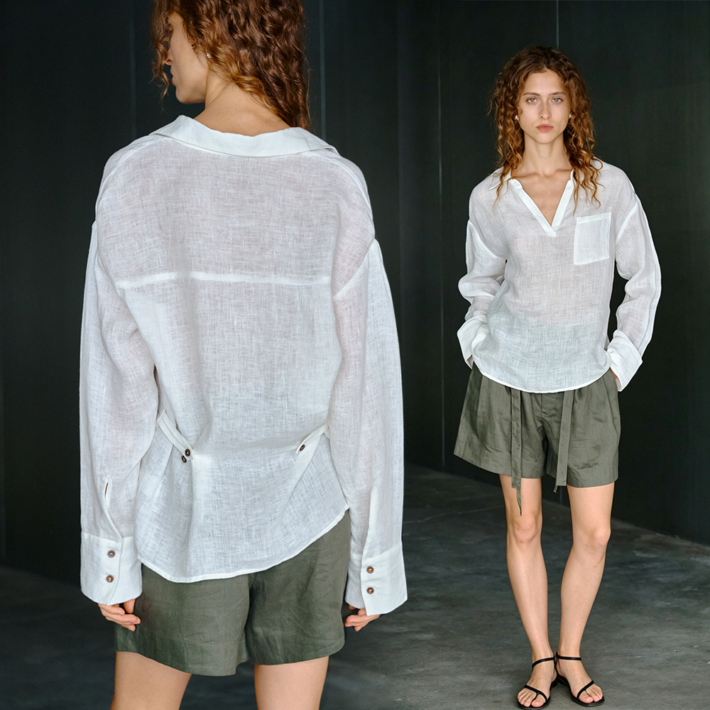 [Limited Time Offer] 100% Linen Collared Long-Sleeve Women's Casual Shirt, Loose Fit, Slim Waist Top