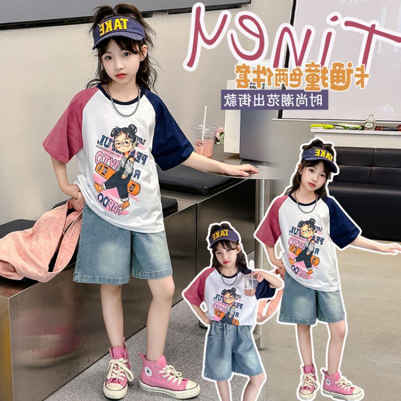 Zhili children's clothing girls' round neck top new medium and large children's T-shirt children's short sleeve baby stylish printed thin short